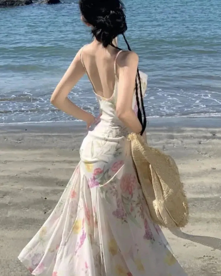 Girlary Elegant Backless Print Mermaid Party Dresses Summer Stylish Sexy Spaghetti Strap Holiday Beach Robe Women Package Hip Dress