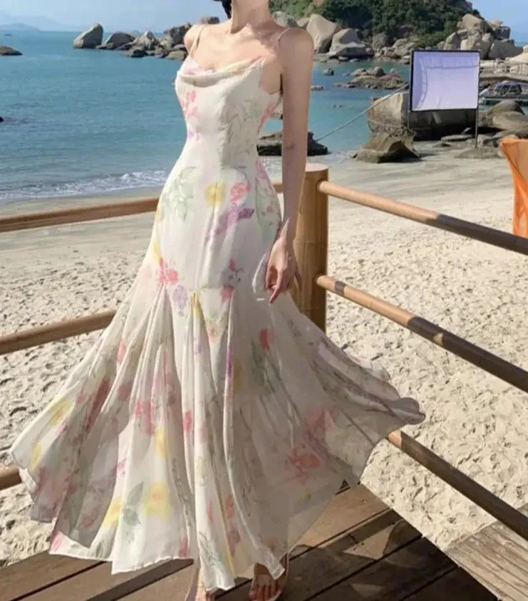 Girlary Elegant Backless Print Mermaid Party Dresses Summer Stylish Sexy Spaghetti Strap Holiday Beach Robe Women Package Hip Dress