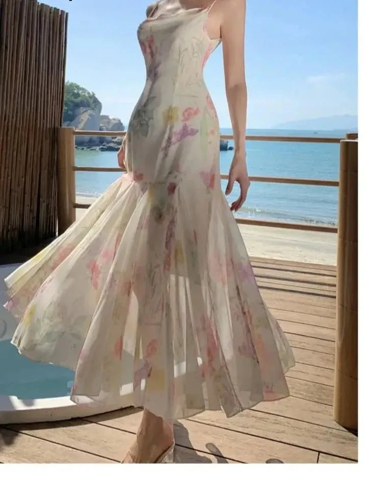 Girlary Elegant Backless Print Mermaid Party Dresses Summer Stylish Sexy Spaghetti Strap Holiday Beach Robe Women Package Hip Dress