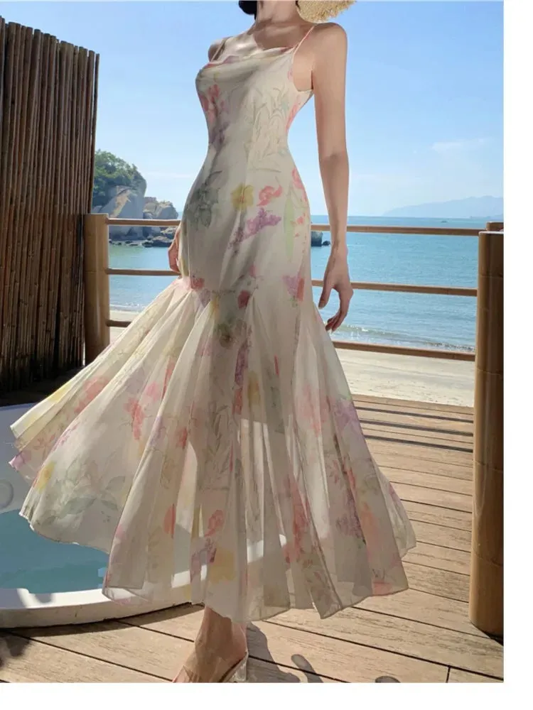 Girlary Elegant Backless Print Mermaid Party Dresses Summer Stylish Sexy Spaghetti Strap Holiday Beach Robe Women Package Hip Dress