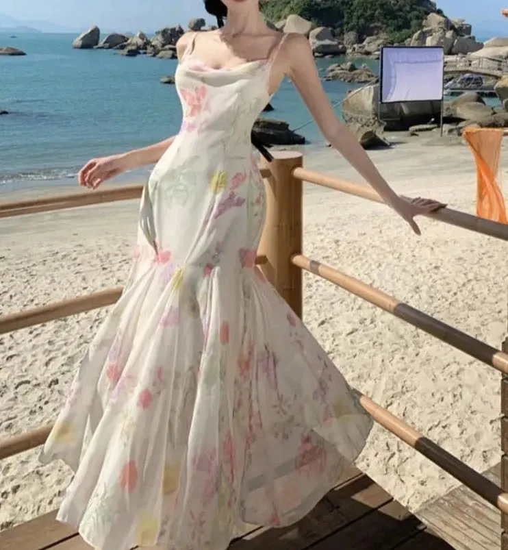 Girlary Elegant Backless Print Mermaid Party Dresses Summer Stylish Sexy Spaghetti Strap Holiday Beach Robe Women Package Hip Dress