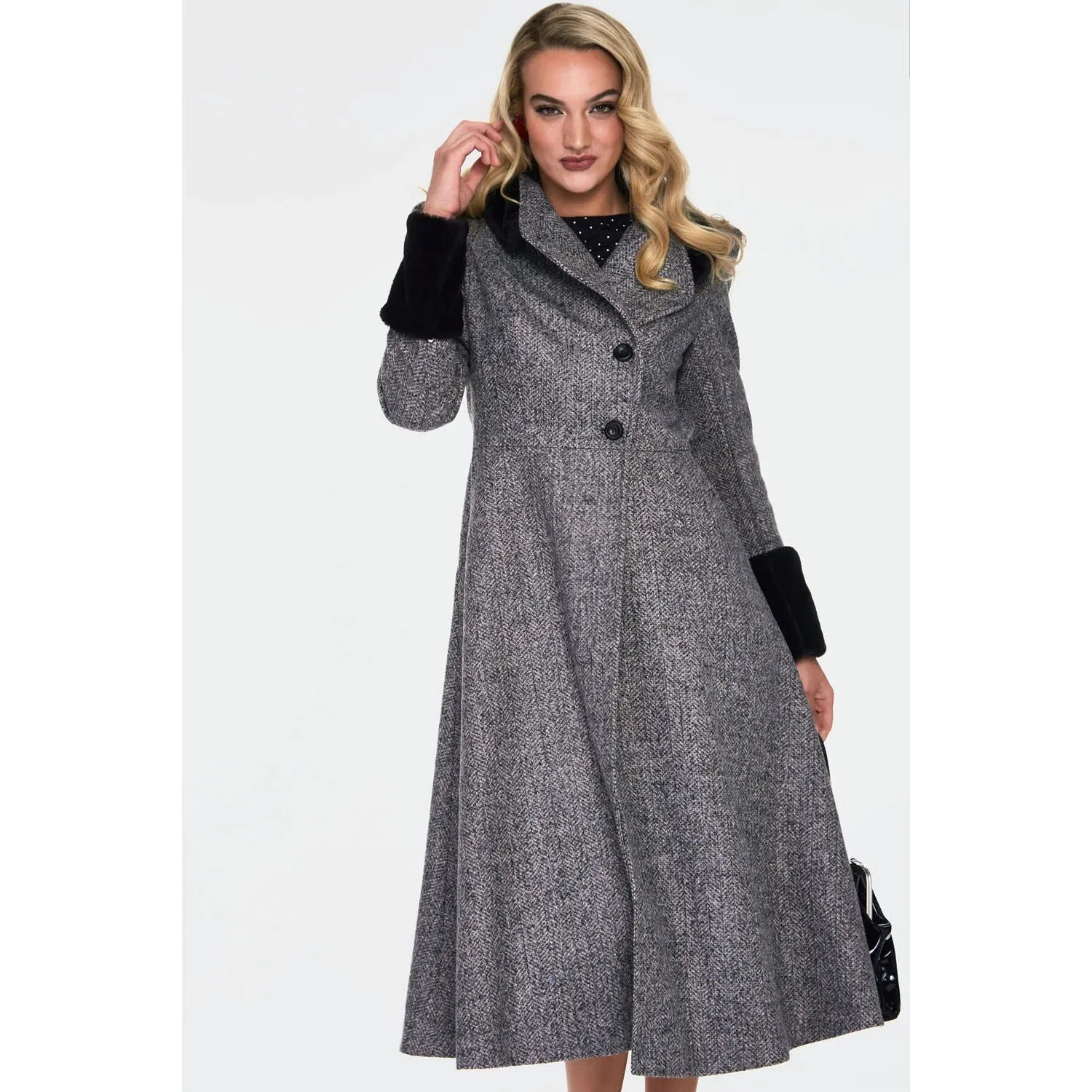 Grey Black Herringbone Check Print Winter Coat With Faux Fur Trim