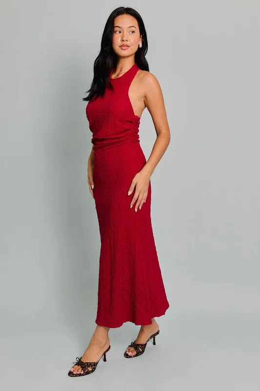 Halter Neck | Textured Midi Dress |  Adjustable Strap