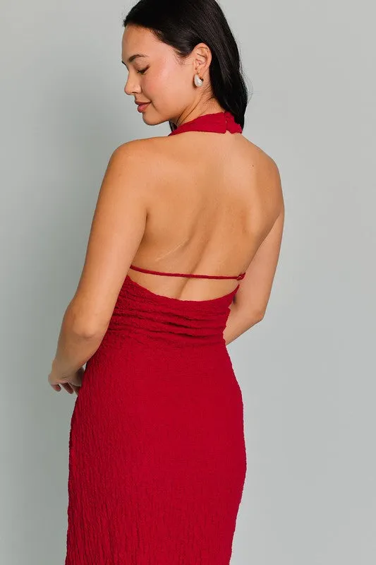 Halter Neck | Textured Midi Dress |  Adjustable Strap