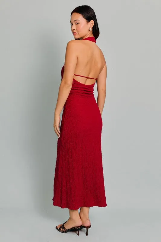 Halter Neck | Textured Midi Dress |  Adjustable Strap
