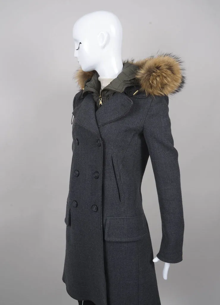 Hooded Double Breasted Coat with Fur Trim