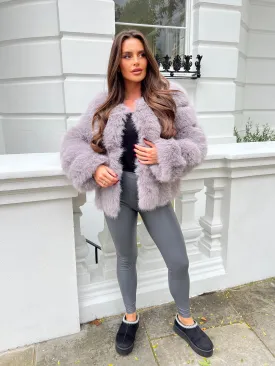 Light Grey Vertical Design Faux Fur Coat