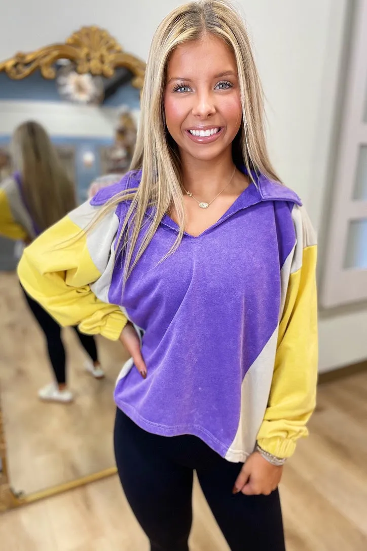 Lose Control Colorblock Pullover w Collar Purple