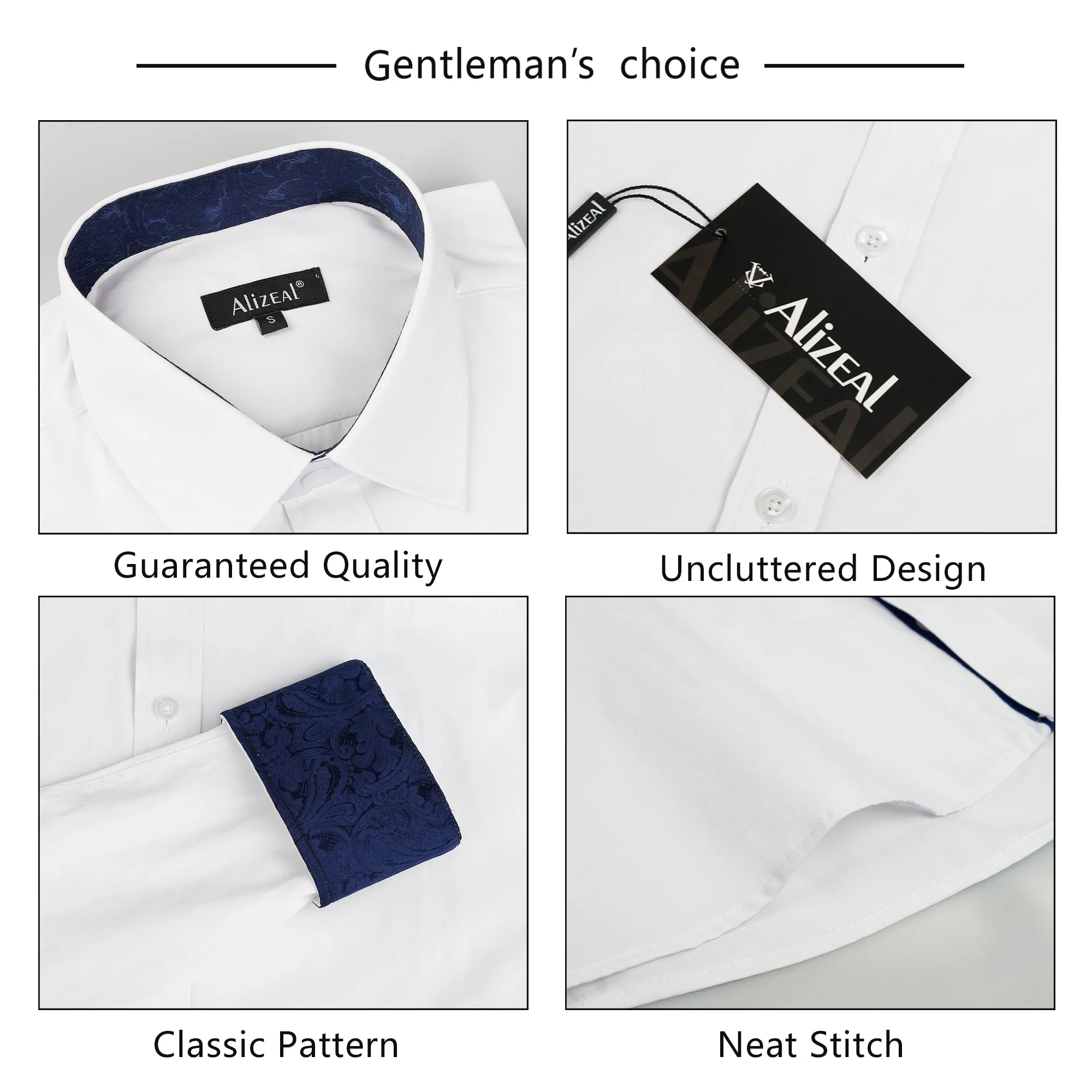 Men's Business Slim Fit Dress Shirt Long Sleeve Patchwork Button-Down Shirt, 004-White Navy