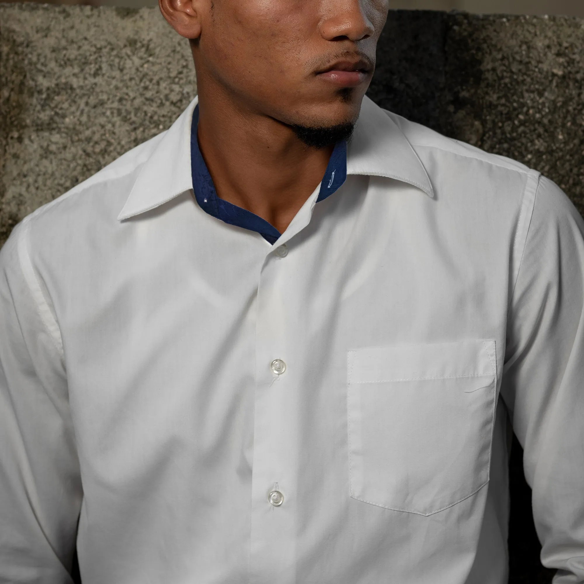 Men's Business Slim Fit Dress Shirt Long Sleeve Patchwork Button-Down Shirt, 004-White Navy