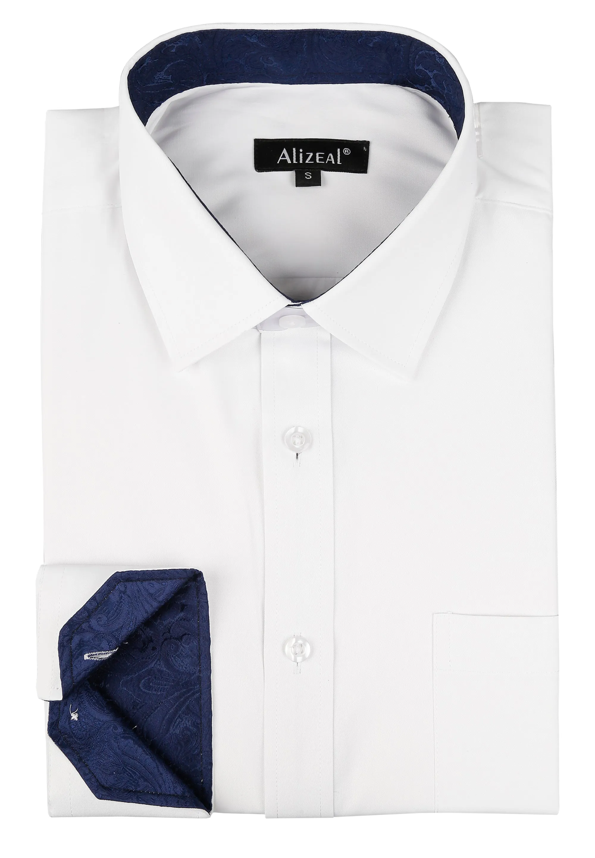 Men's Business Slim Fit Dress Shirt Long Sleeve Patchwork Button-Down Shirt, 004-White Navy