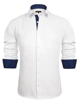 Men's Business Slim Fit Dress Shirt Long Sleeve Patchwork Button-Down Shirt, 004-White Navy