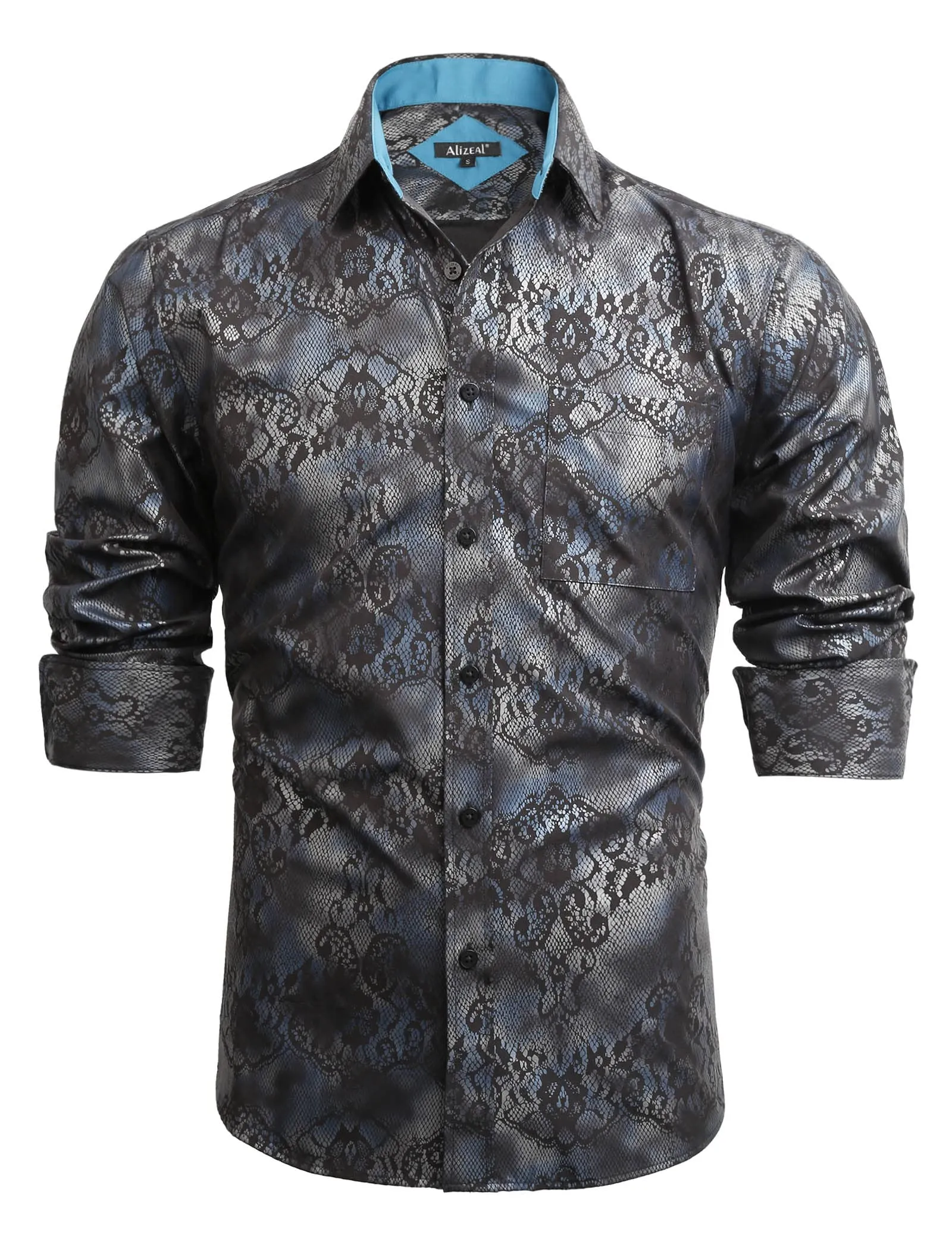Men's Lapel Bronzing Shirt Casual Slim Fit Shiny Pattern Button-Down Long Sleeve Shirt, 009-Snake