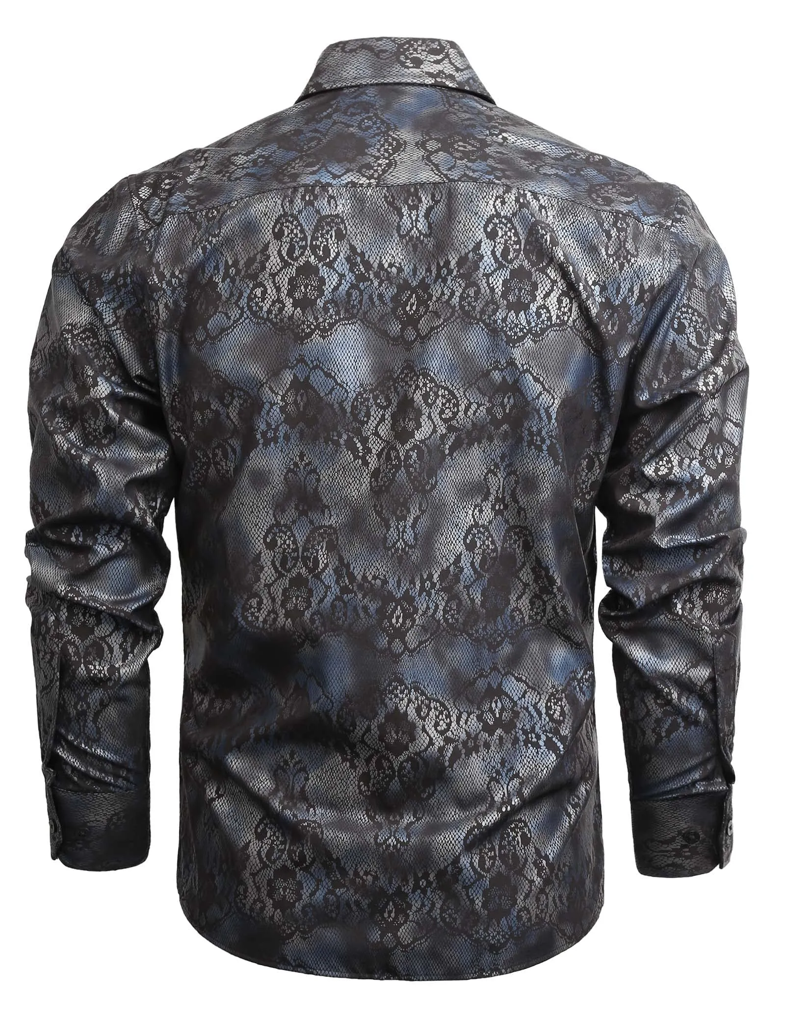 Men's Lapel Bronzing Shirt Casual Slim Fit Shiny Pattern Button-Down Long Sleeve Shirt, 009-Snake