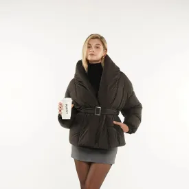 New Design Women Puffer Jacket Mid Length Belted Magnet Button Puffer  Winter Water Repellent