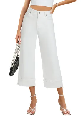 Off White Women's High Waisted Wide Leg Denim Jeans Cuffed Hem Baggy Pockets Capri Pants
