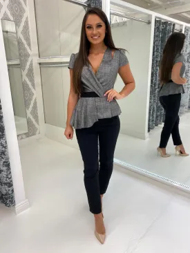 Peplum Tuxedo Style Black and Grey Jumpsuit