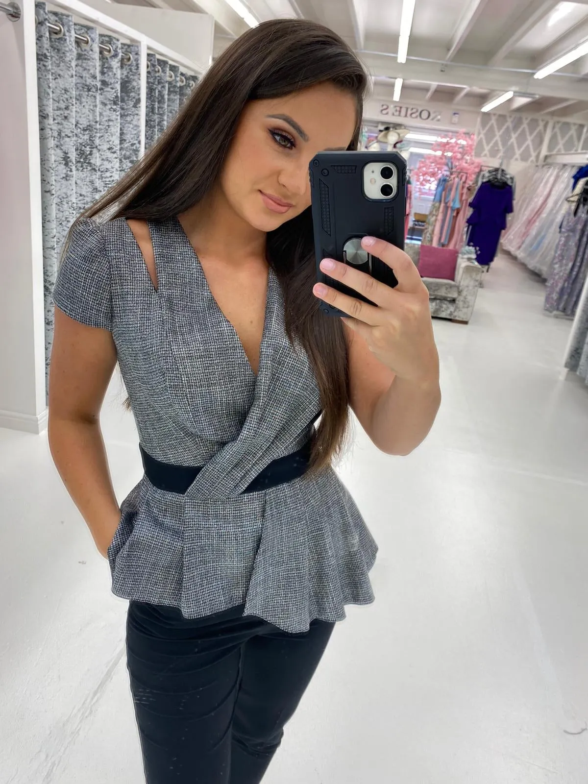Peplum Tuxedo Style Black and Grey Jumpsuit