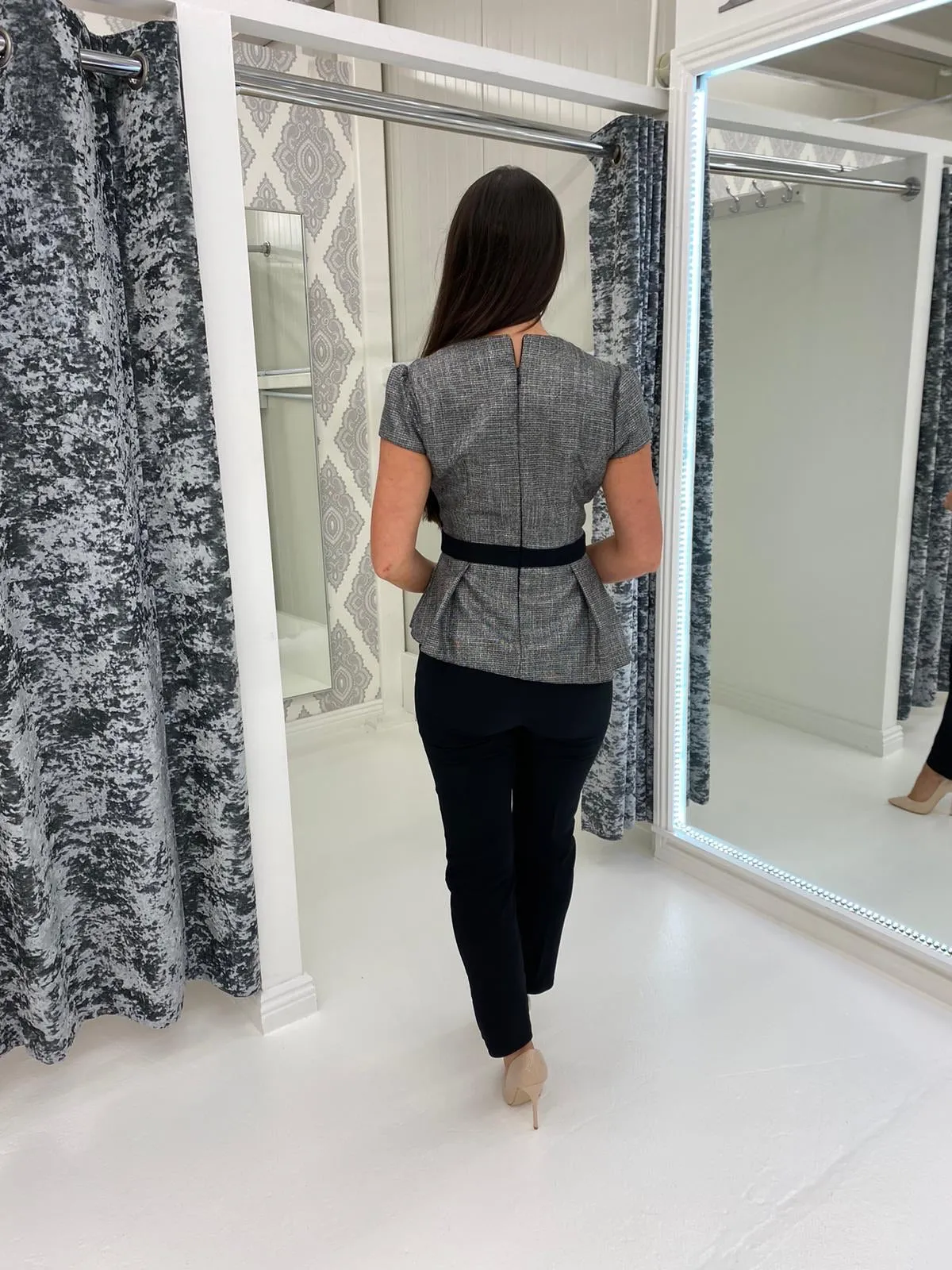 Peplum Tuxedo Style Black and Grey Jumpsuit