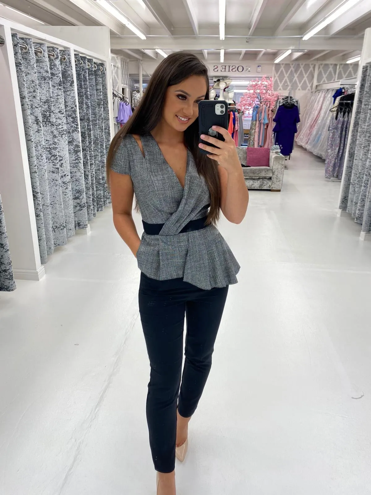 Peplum Tuxedo Style Black and Grey Jumpsuit