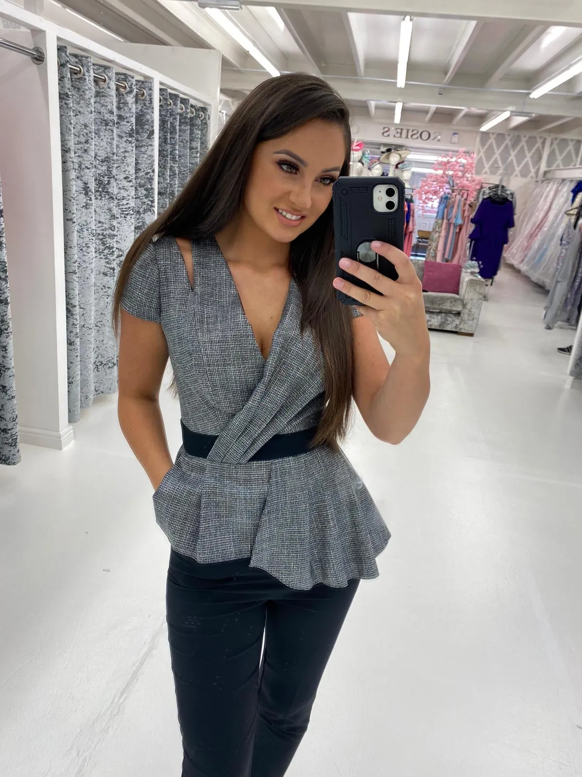Peplum Tuxedo Style Black and Grey Jumpsuit