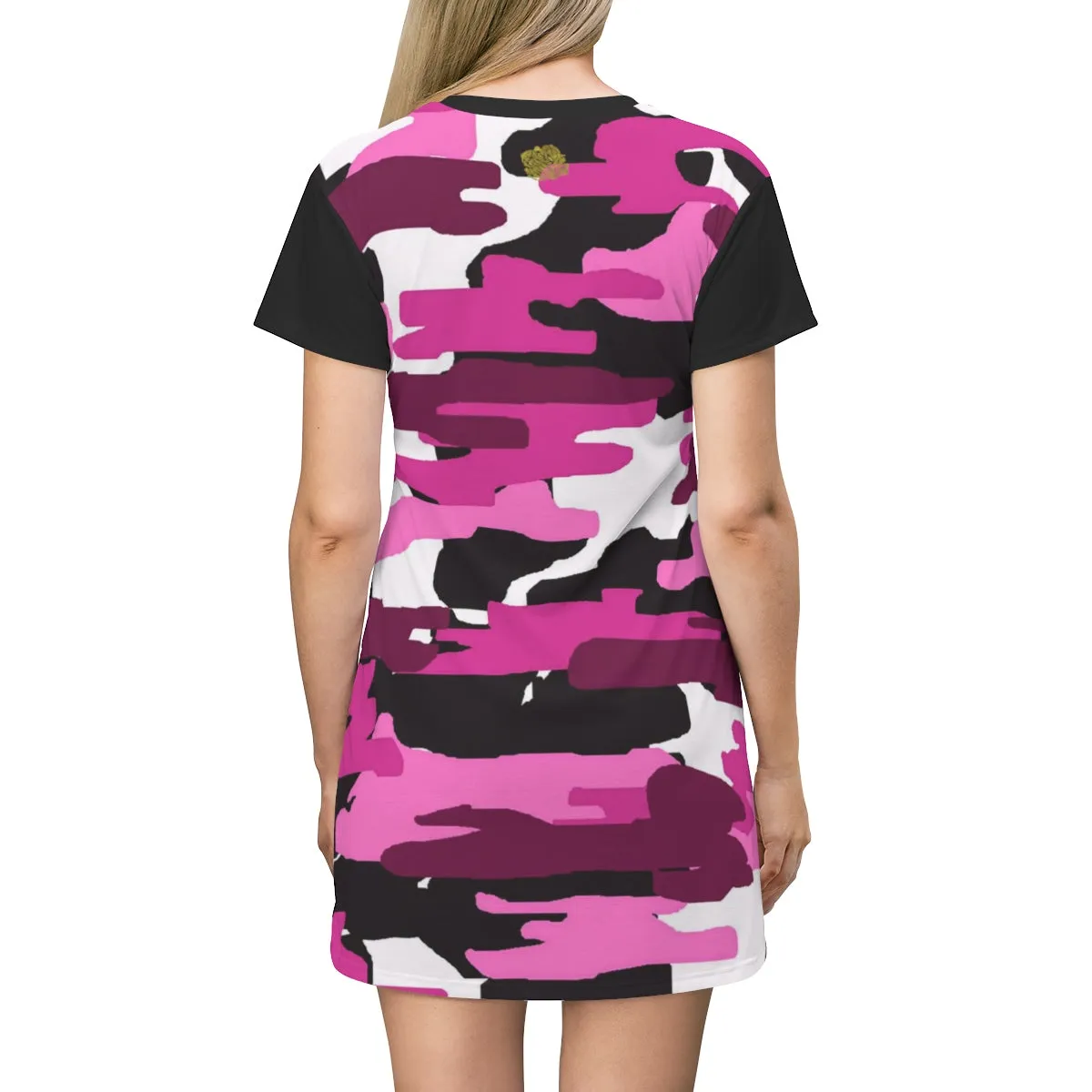 Pink Camo T-shirt Dress, Designer Military Print Women's Long T-shirt Dress-Made in USA(US Size: XS-2XL)