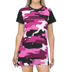 Pink Camo T-shirt Dress, Designer Military Print Women's Long T-shirt Dress-Made in USA(US Size: XS-2XL)