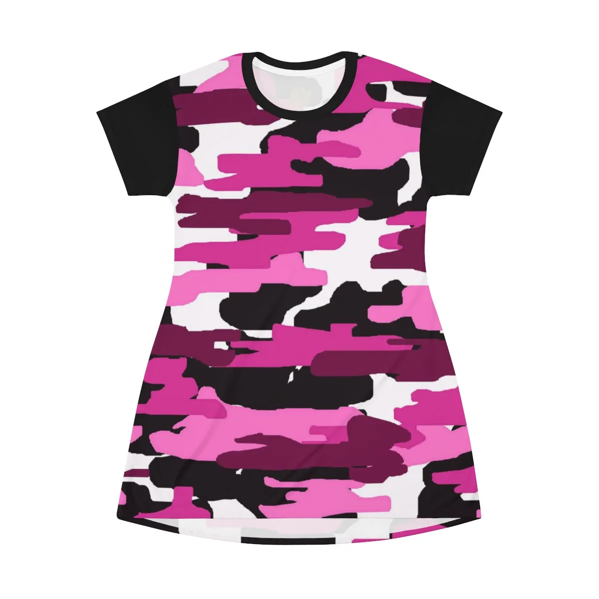 Pink Camo T-shirt Dress, Designer Military Print Women's Long T-shirt Dress-Made in USA(US Size: XS-2XL)