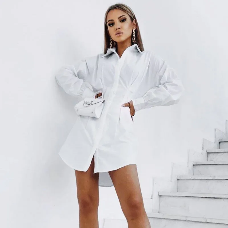 Pleated Waist Cotton Long-sleeved Shirt Dress