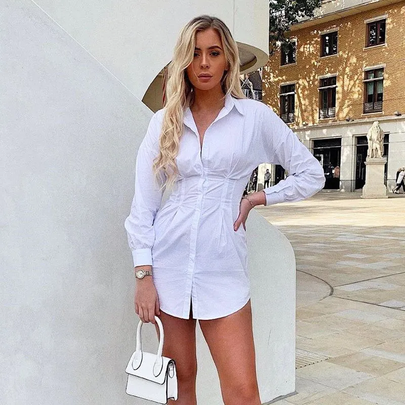 Pleated Waist Cotton Long-sleeved Shirt Dress