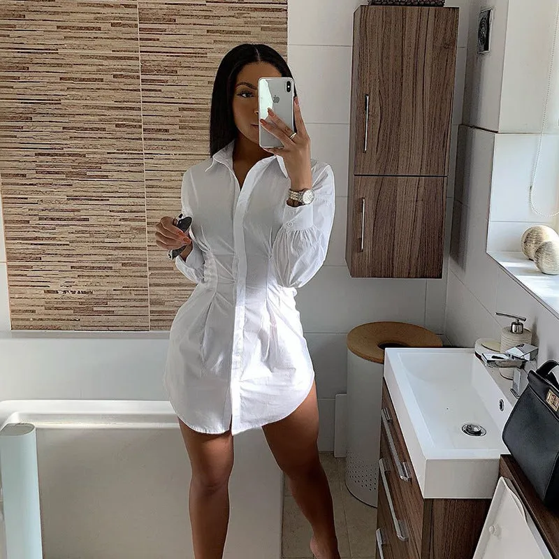 Pleated Waist Cotton Long-sleeved Shirt Dress