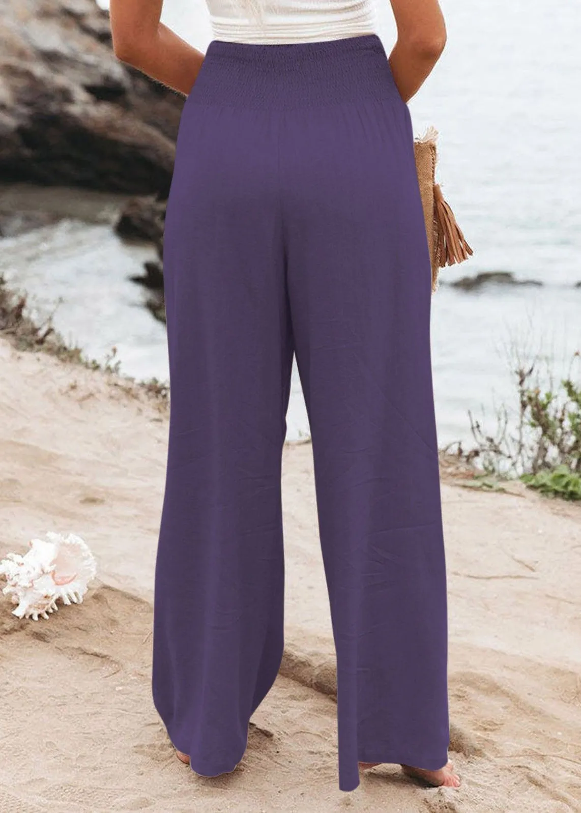 Purple High Waist Elastic Waist Linen Long Pants LY1964