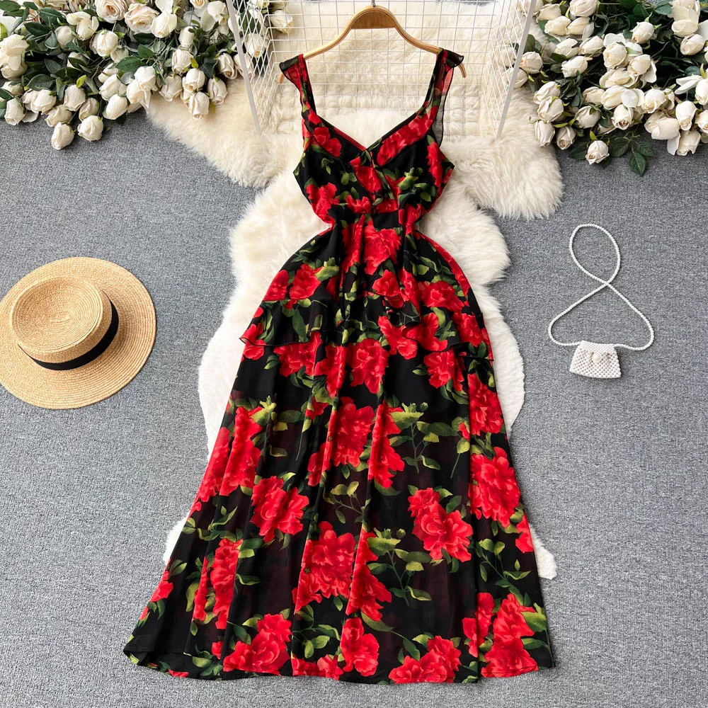 Ruffled Floral Printed Chiffon Dress