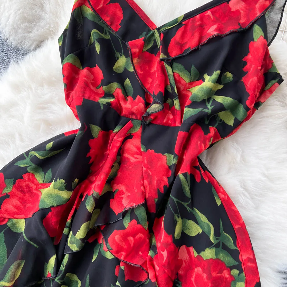 Ruffled Floral Printed Chiffon Dress