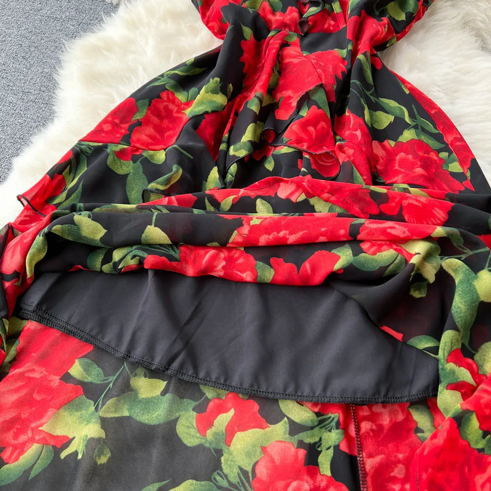 Ruffled Floral Printed Chiffon Dress