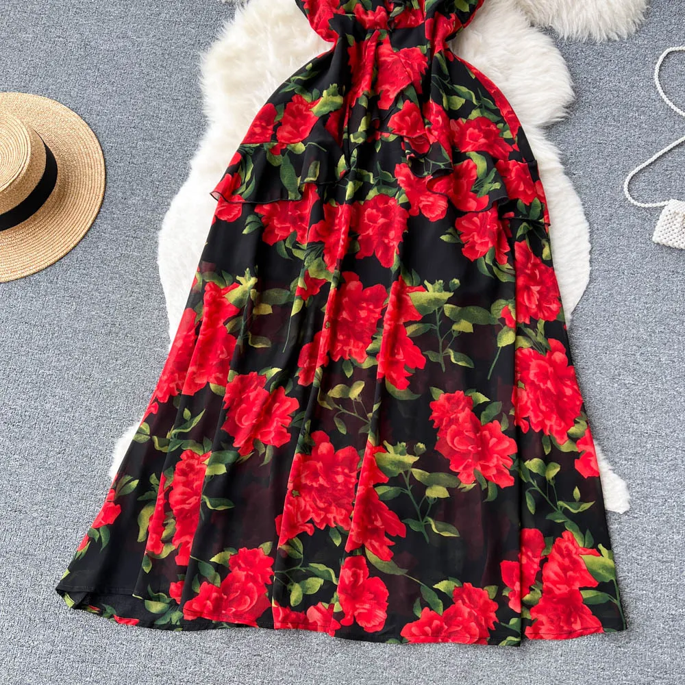 Ruffled Floral Printed Chiffon Dress