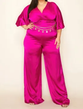 Satin Wrap Front Smocked Waist Jumpsuit