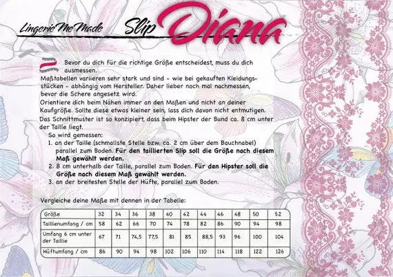 Schnittmuster von Lingeriememade Slip Diana Gr. 32 - 52, deutsch / german. PDF E-Book Slip/ Damenhöschen Nähen mit 9 Variationen. IDsmx3