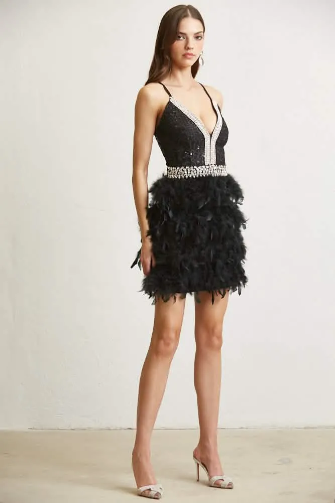 Sophisticated Feather Accented Evening Dress