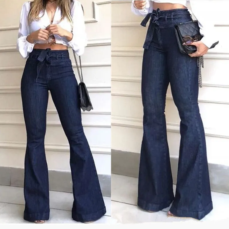 Spring Festival High Waist Hip Temperament Commute Lace-up Pants Wide-leg Jeans Women's Bell-bottom