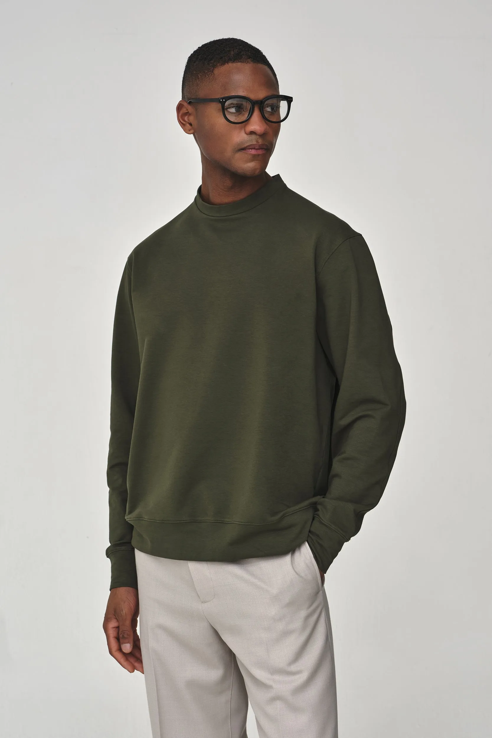 Stretch Cotton Crew Neck Sweater | Green