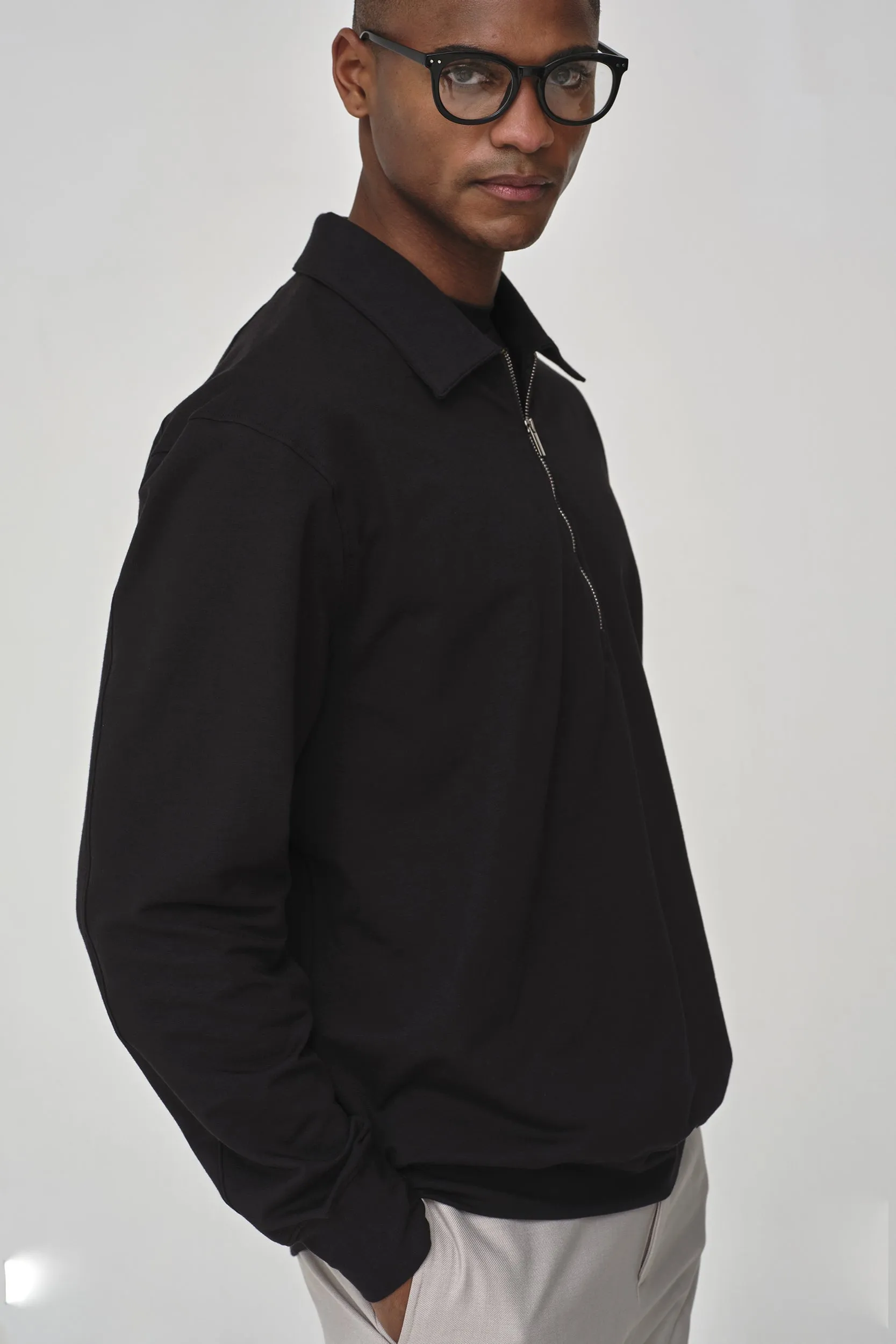 Stretch Cotton Polo Zip Sweater | Black