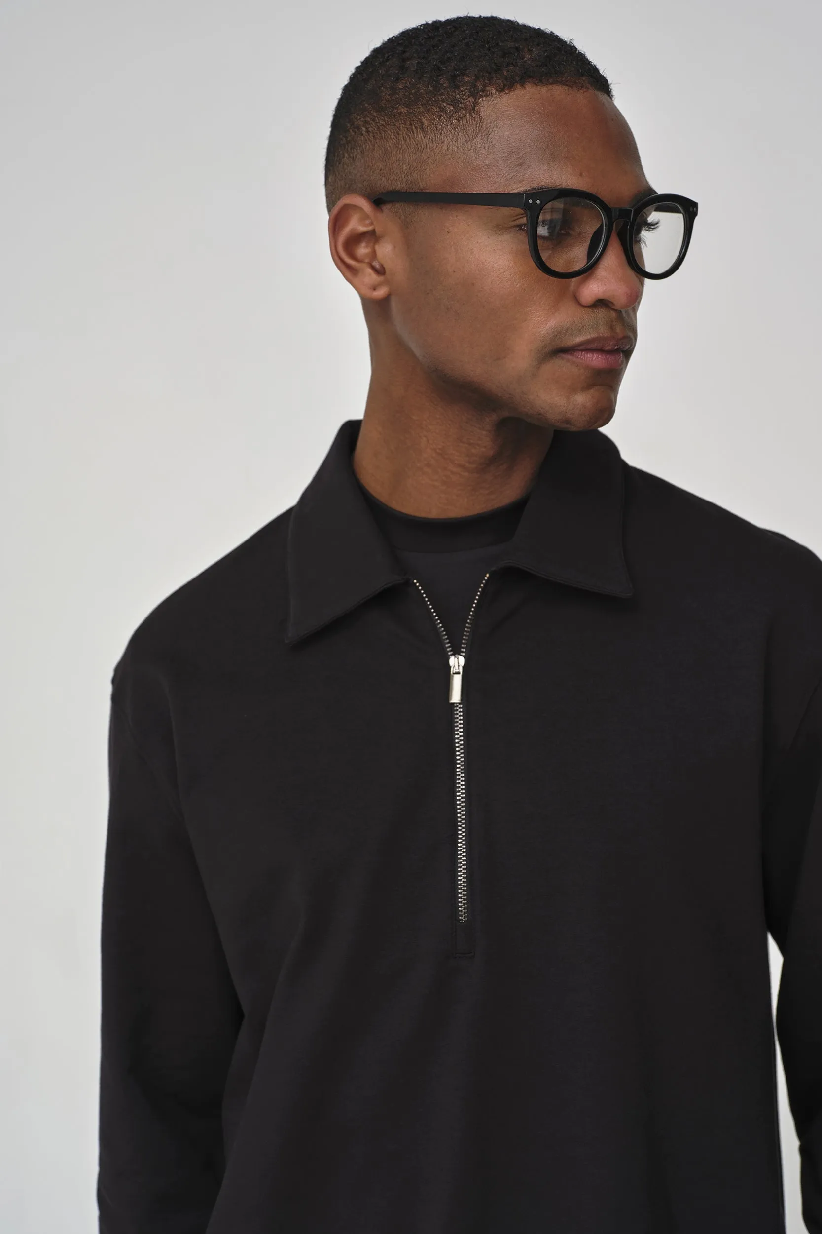 Stretch Cotton Polo Zip Sweater | Black