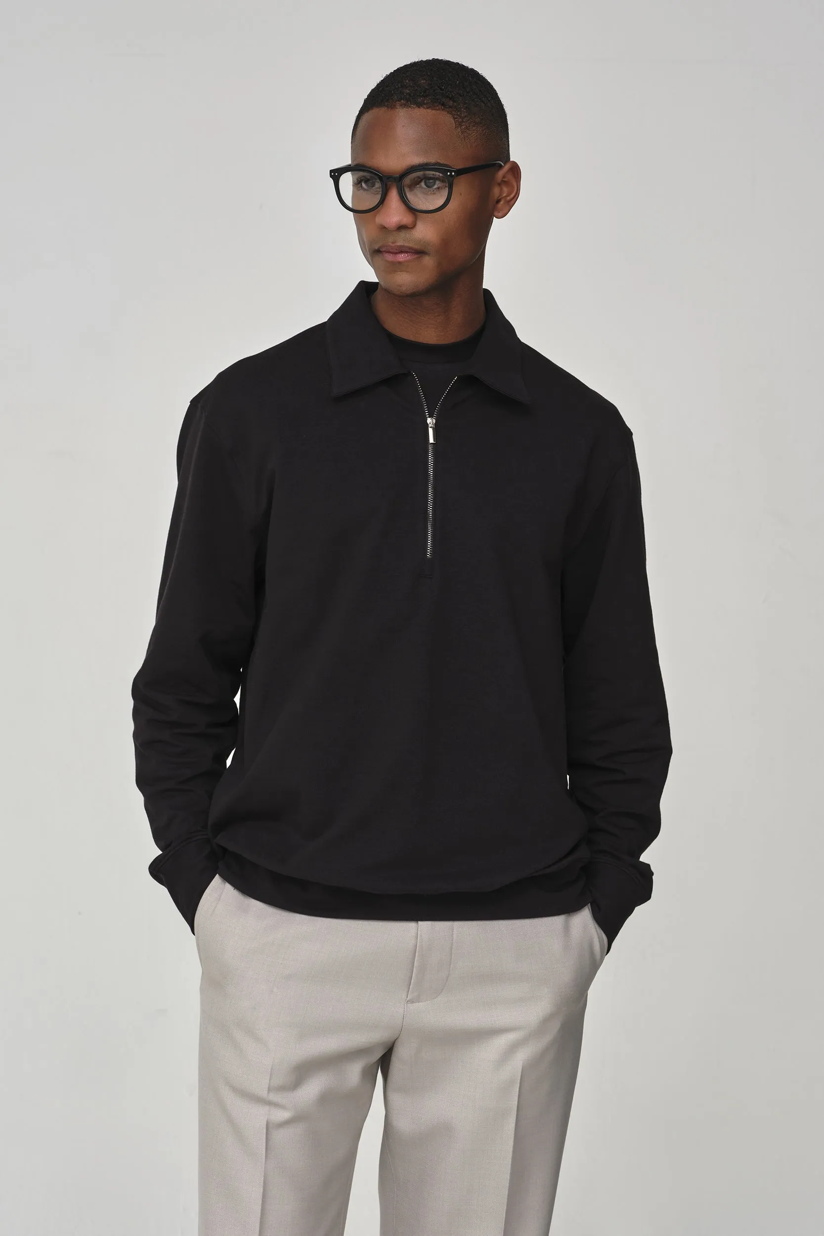 Stretch Cotton Polo Zip Sweater | Black