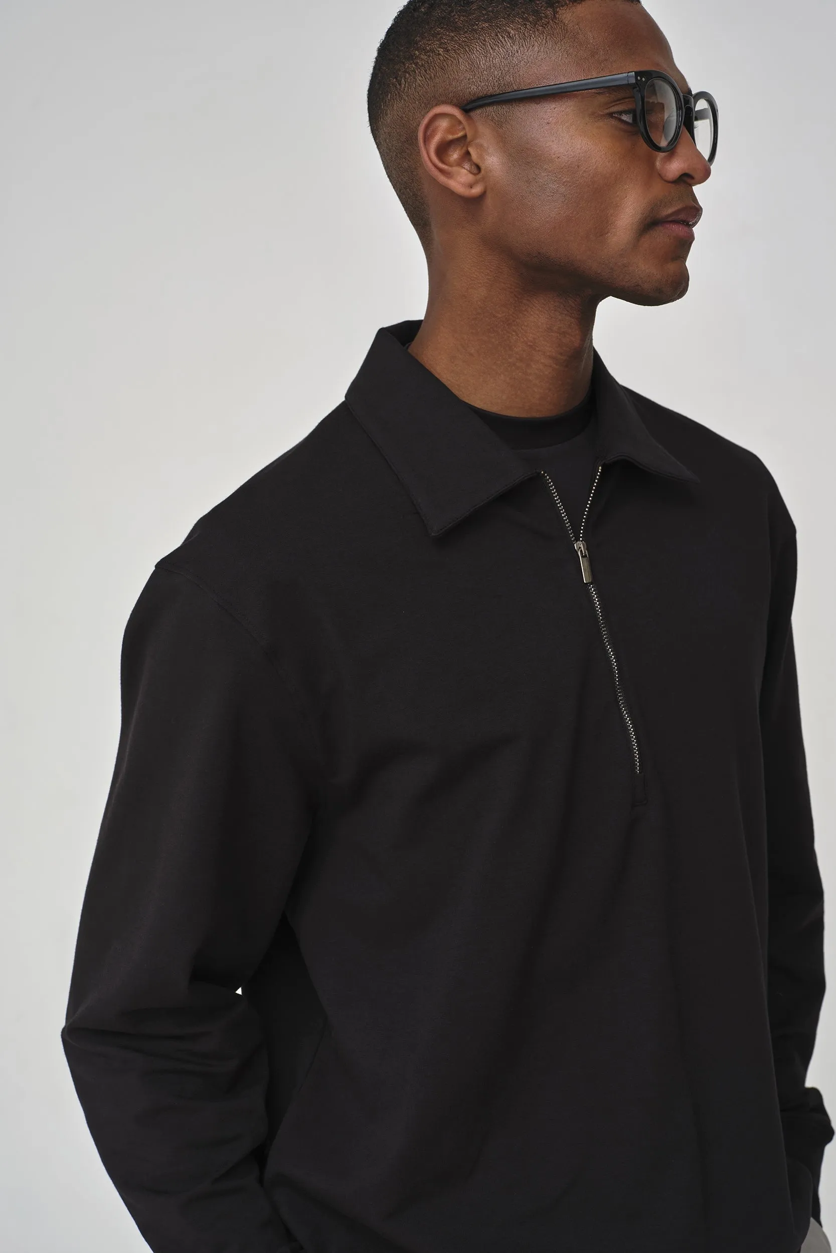 Stretch Cotton Polo Zip Sweater | Black