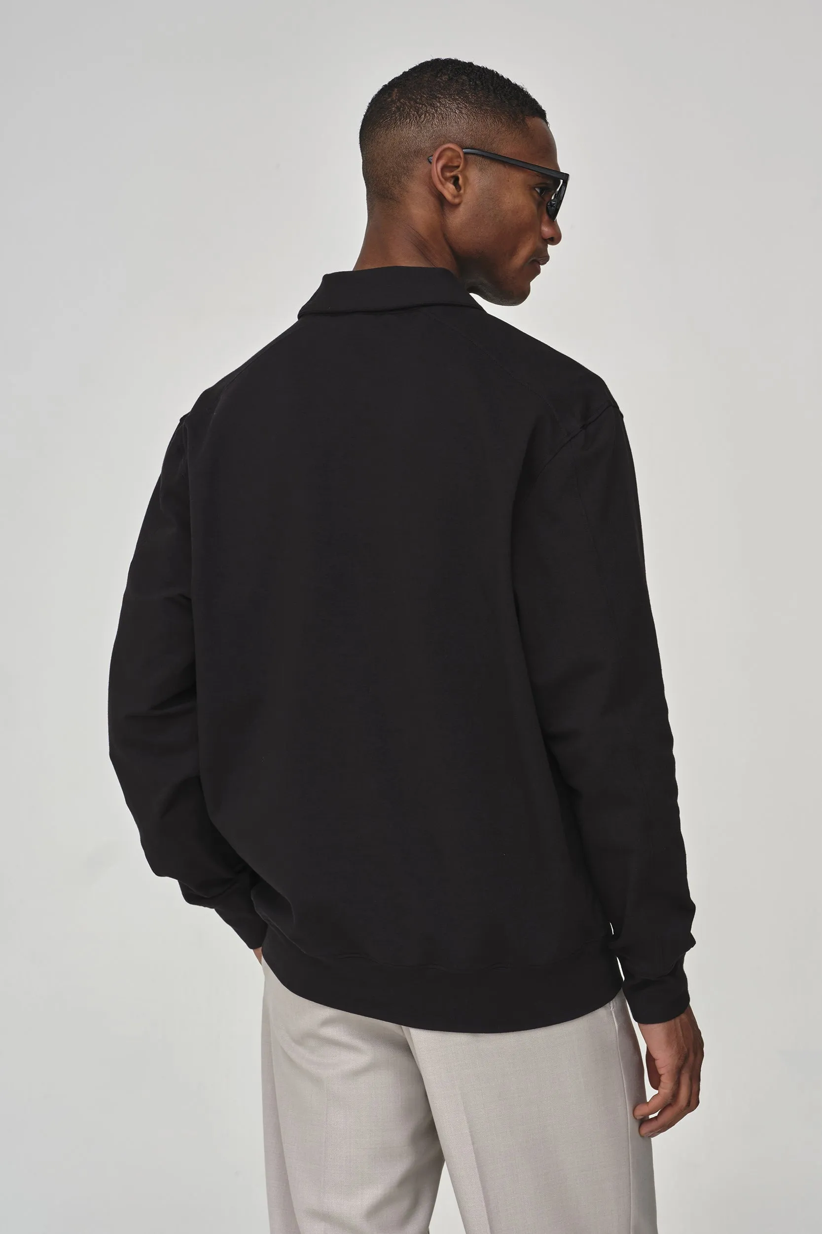 Stretch Cotton Polo Zip Sweater | Black