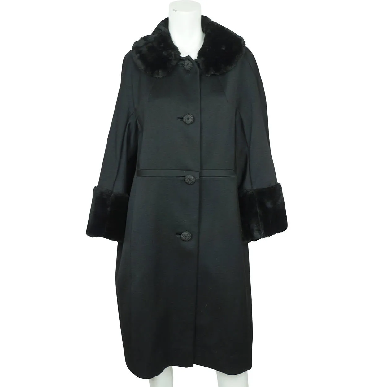 Vintage 1960s Black Wool Coat by Miss Style Faux Fur Trim Ladies Size L