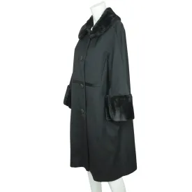 Vintage 1960s Black Wool Coat by Miss Style Faux Fur Trim Ladies Size L