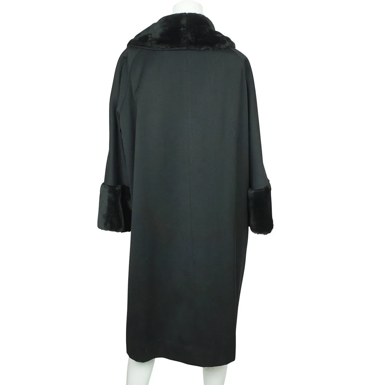 Vintage 1960s Black Wool Coat by Miss Style Faux Fur Trim Ladies Size L