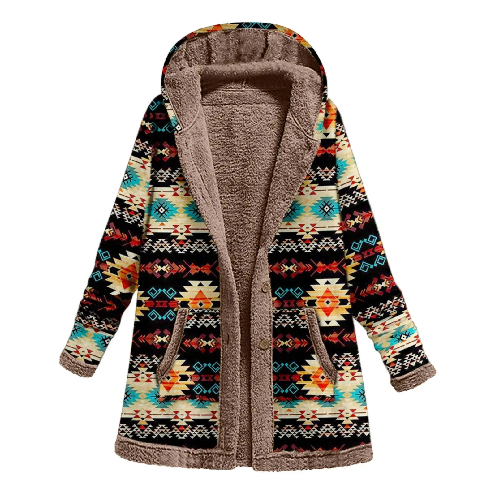 Women Winter Warm Coat Casual Patchwork Female Long Sleeve Hooded Outwear Fashion Streetwear Lady Clothes Loose Boho Jacket